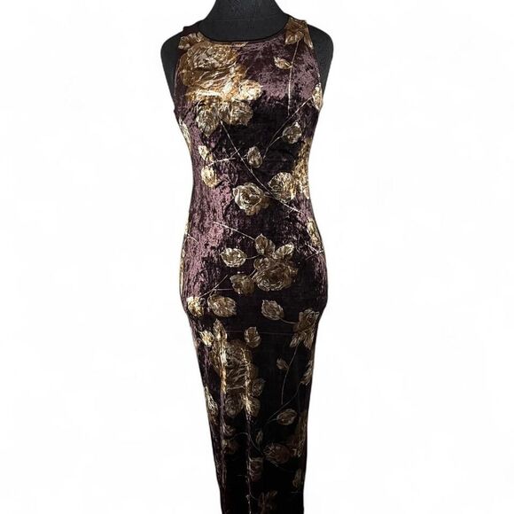 Rampage Dresses & Skirts - Vtg Rampage Floral Brown Maxi Dress Fairy Boho Whimsygoth Gold Size M Bodycon